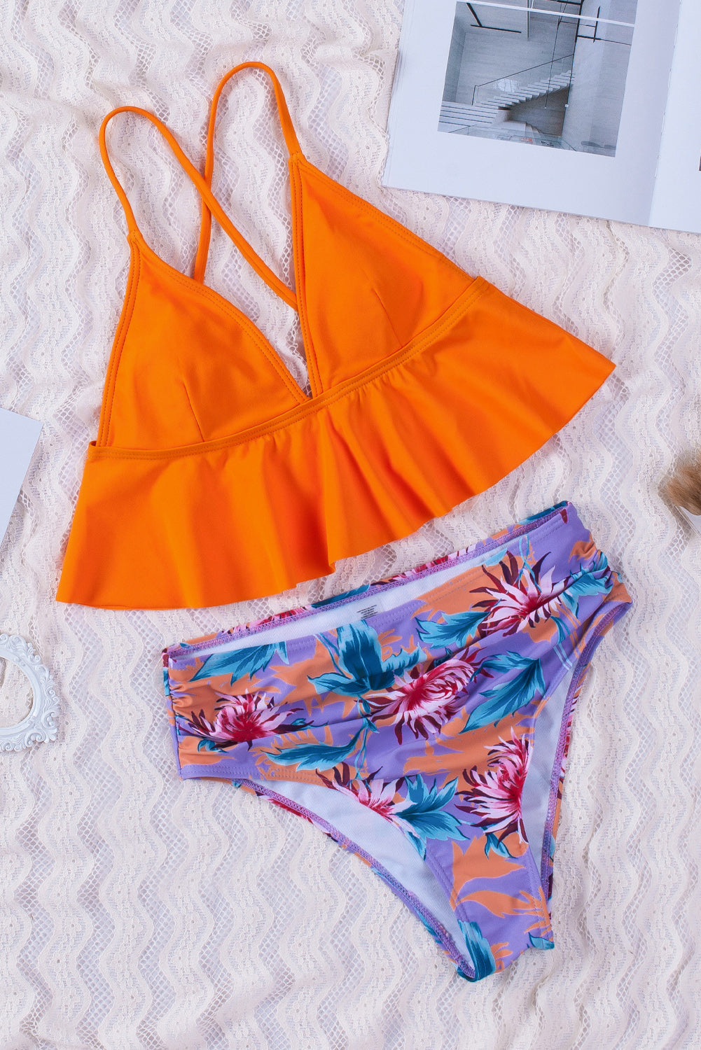 Orange Floral Frill Bikini Set