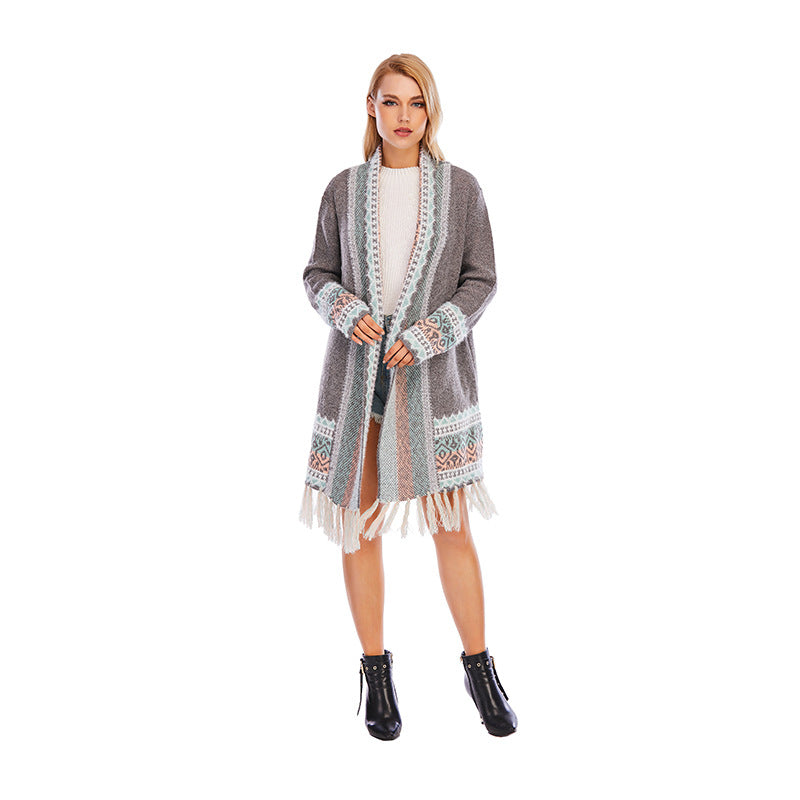 Tassel Retro Ethnic Knitted Cardigan Sweater Bohemian Loose Autumn Winter Long Coat