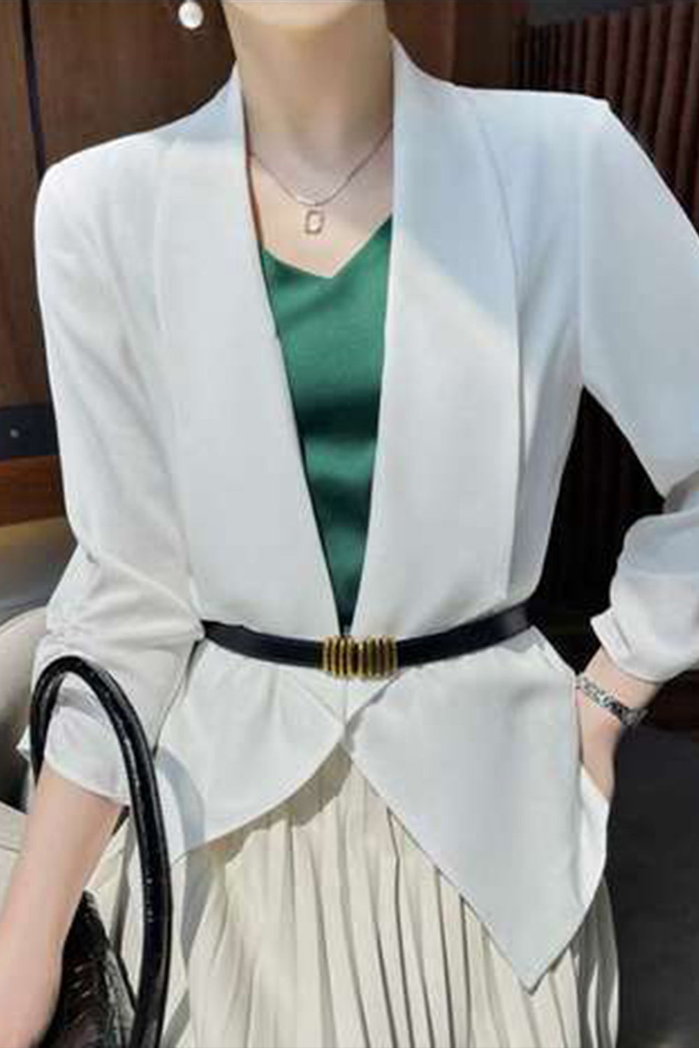 Apricot Solid Lapel Collar Satin Blazer