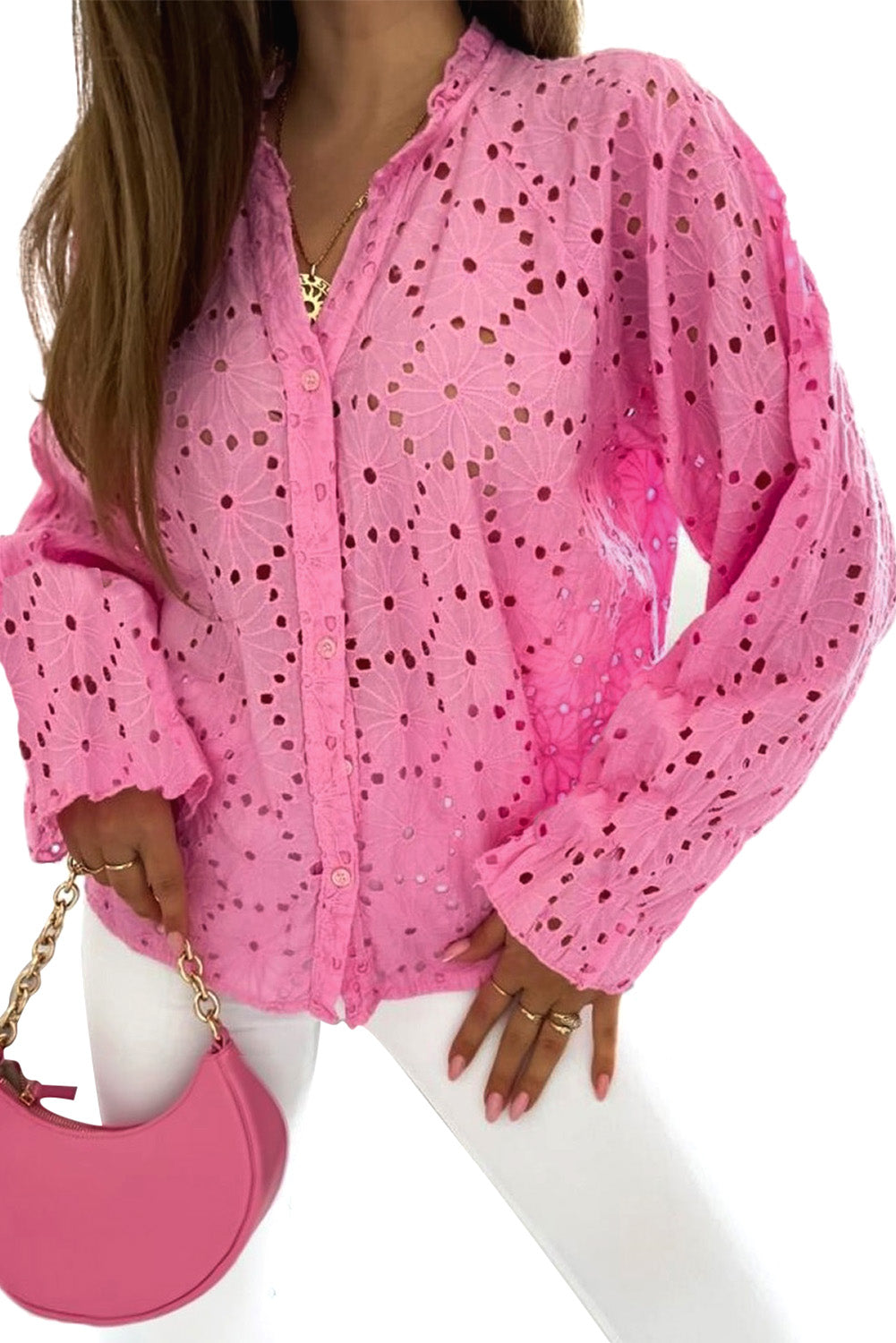 Pink Hollow Out Embroidered Floral Shirt