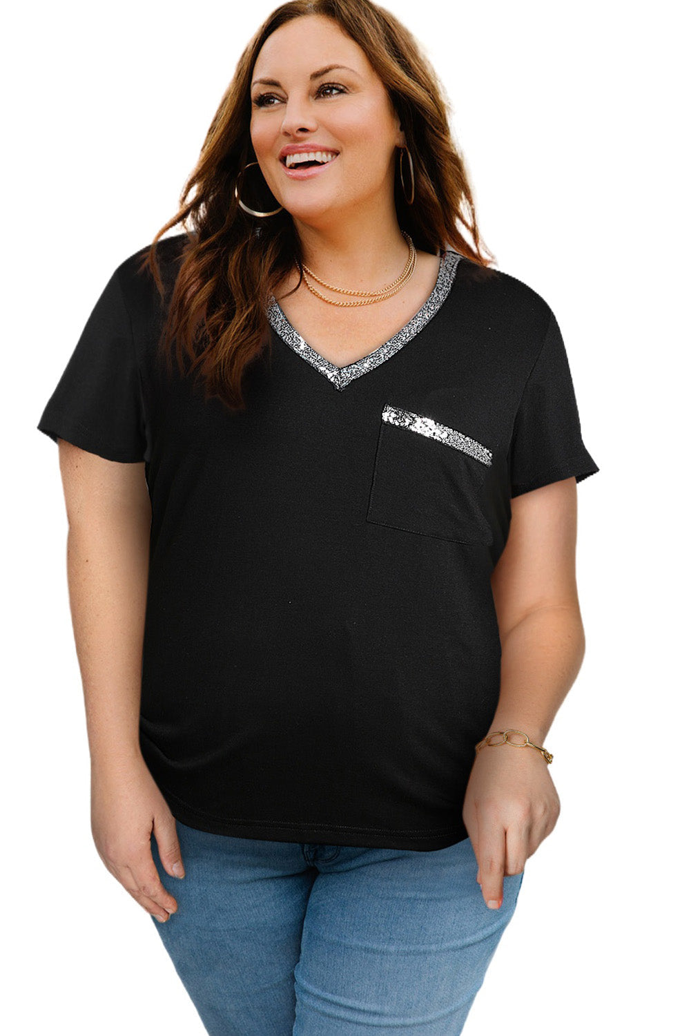 Black Sequin Trim V Neck Chest Pocket Plus Size Tee