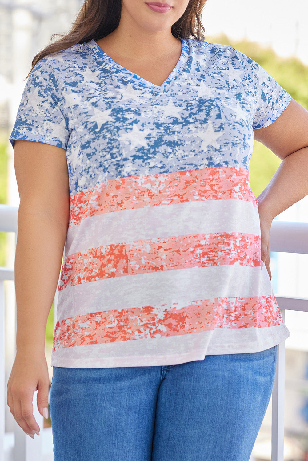 Sky Blue Plus Size Vintage American Flag Print V Neck T Shirt