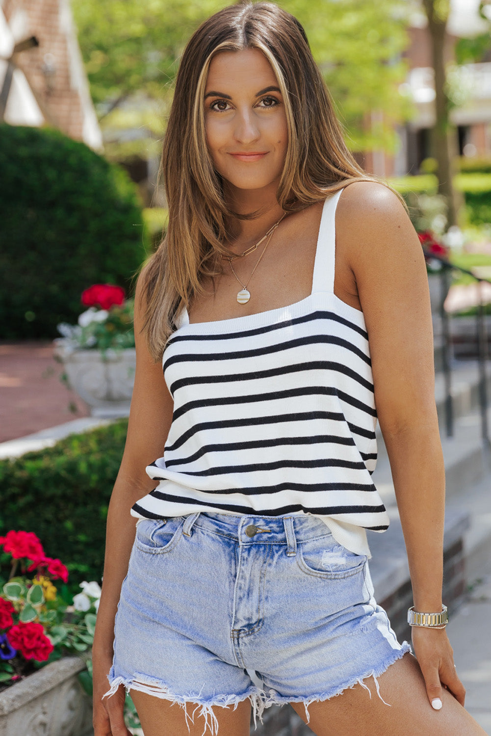 White Striped Tube Spaghetti Strap Knitted Tank Top