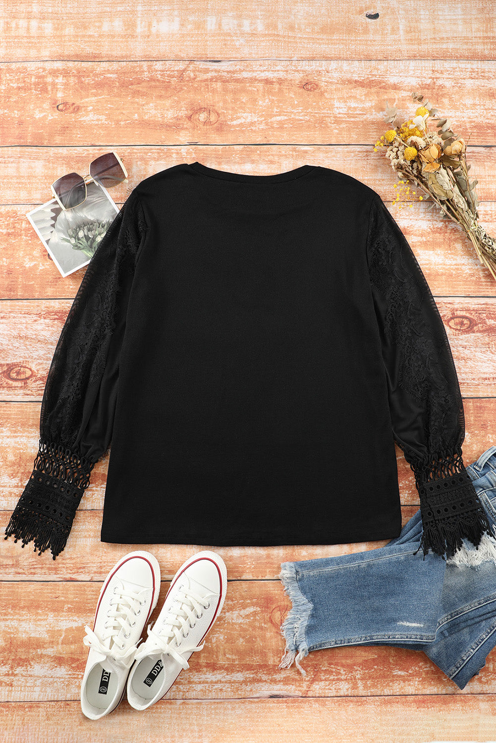 Black Sheer Lace Mesh Bishop Sleeve Top