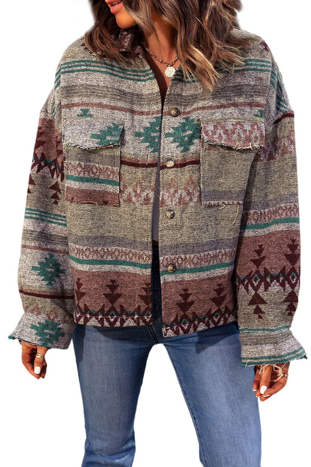Vintage Aztec Print Lapel Pocket Button Up Jacket