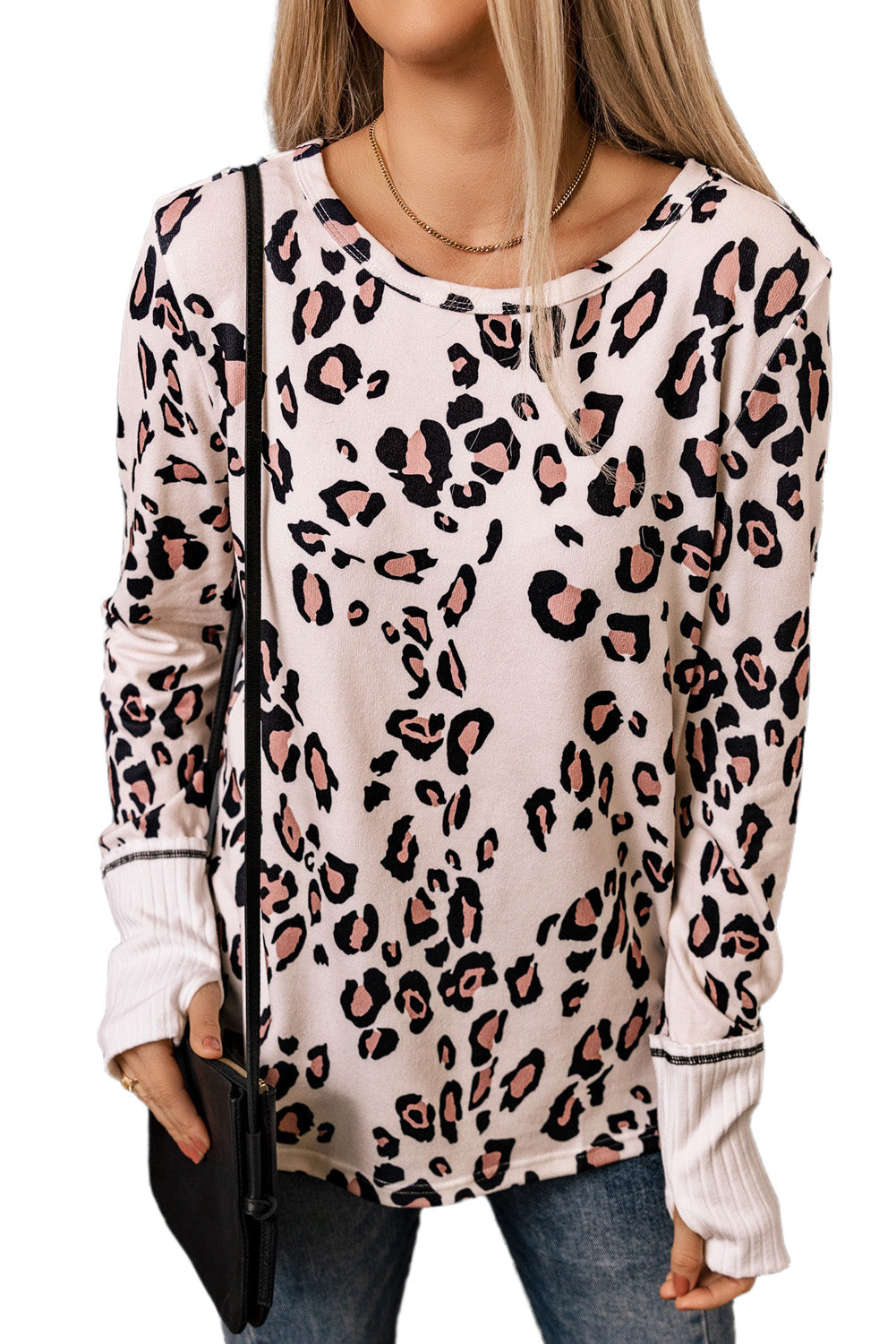 Leopard Print Long Sleeve Top with Contrast Cuffs