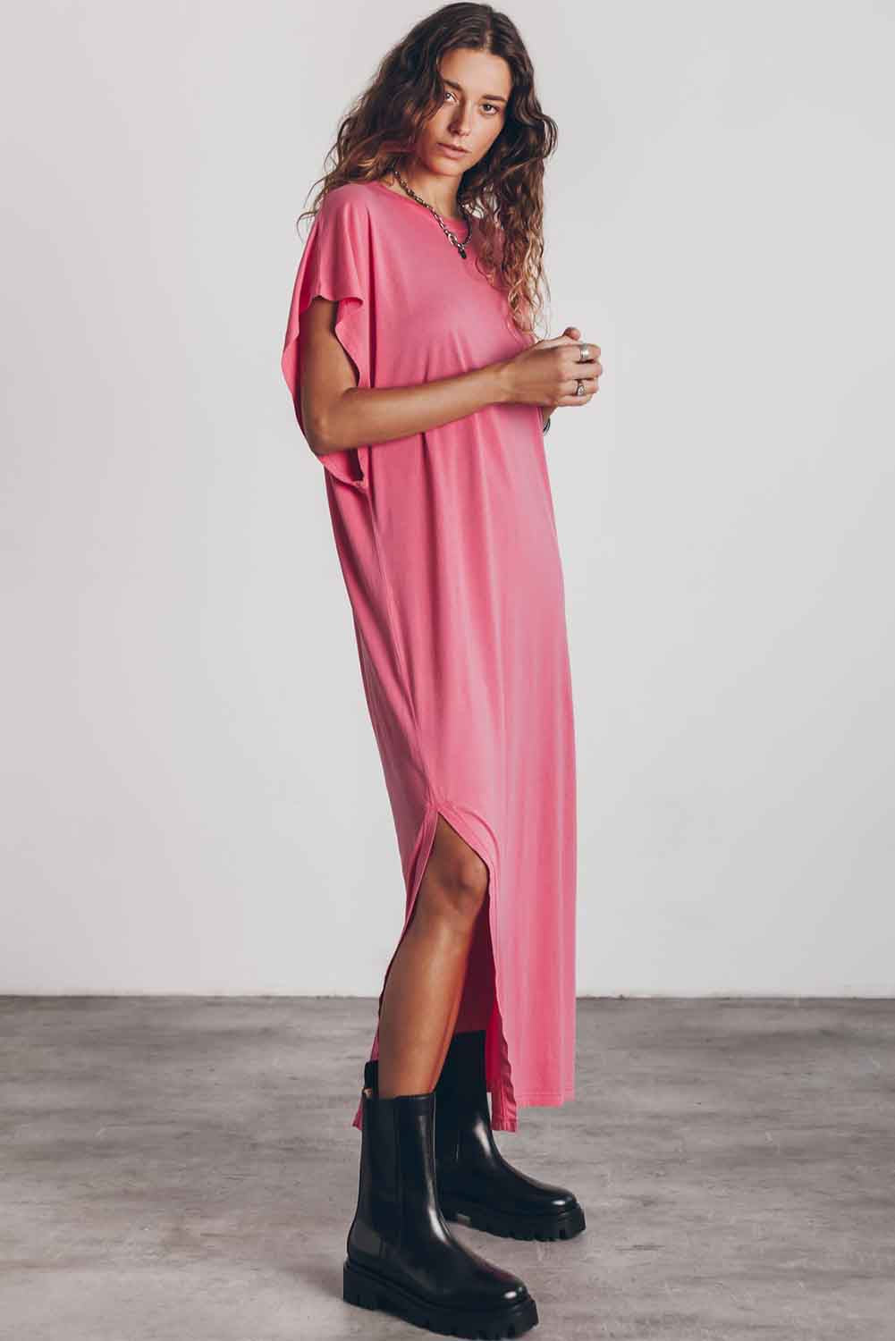 Pink Crew Neck Bat Sleeve Maxi T-shirt Dress