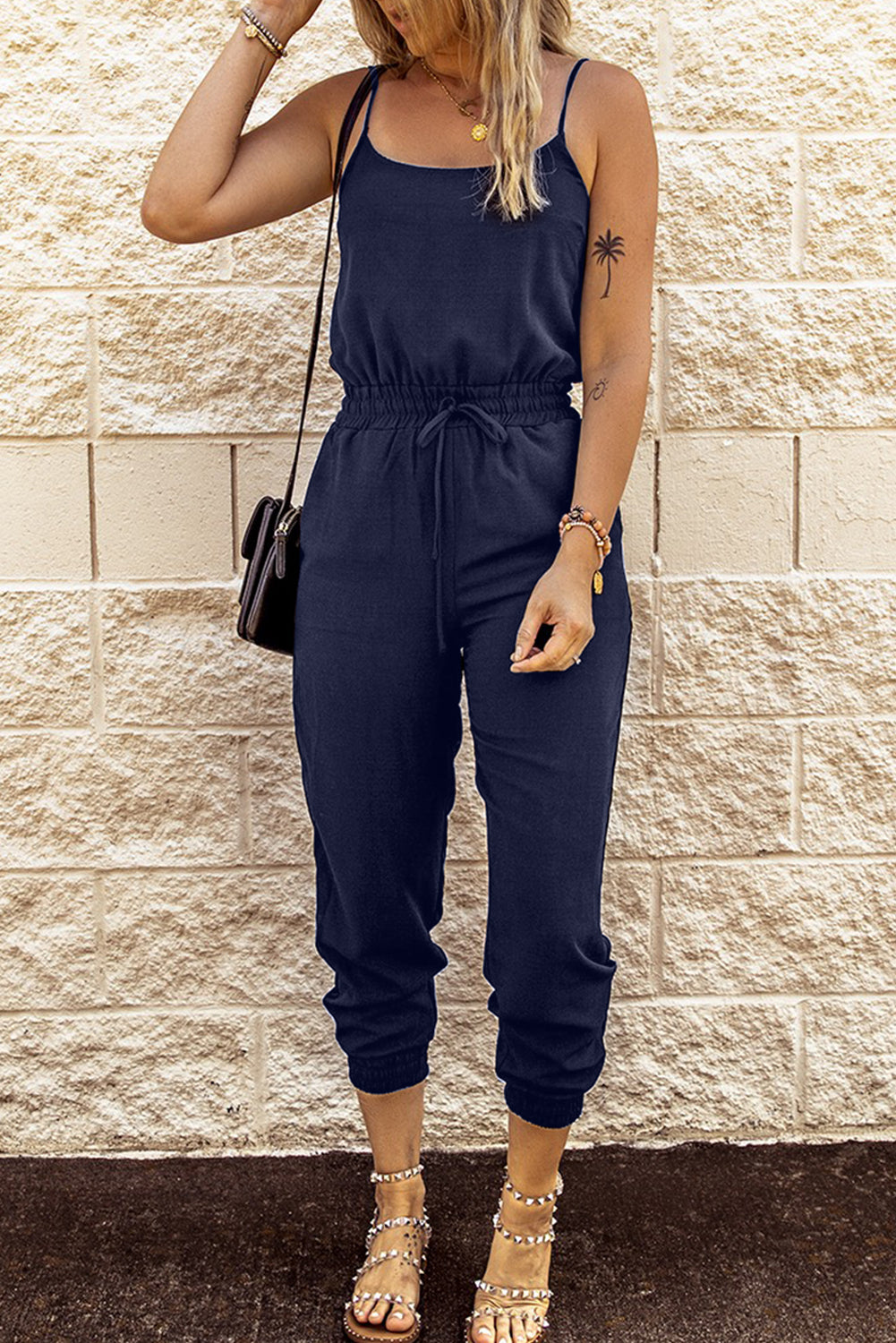 Blue Drawstring Waist Spaghetti Straps Jumpsuit