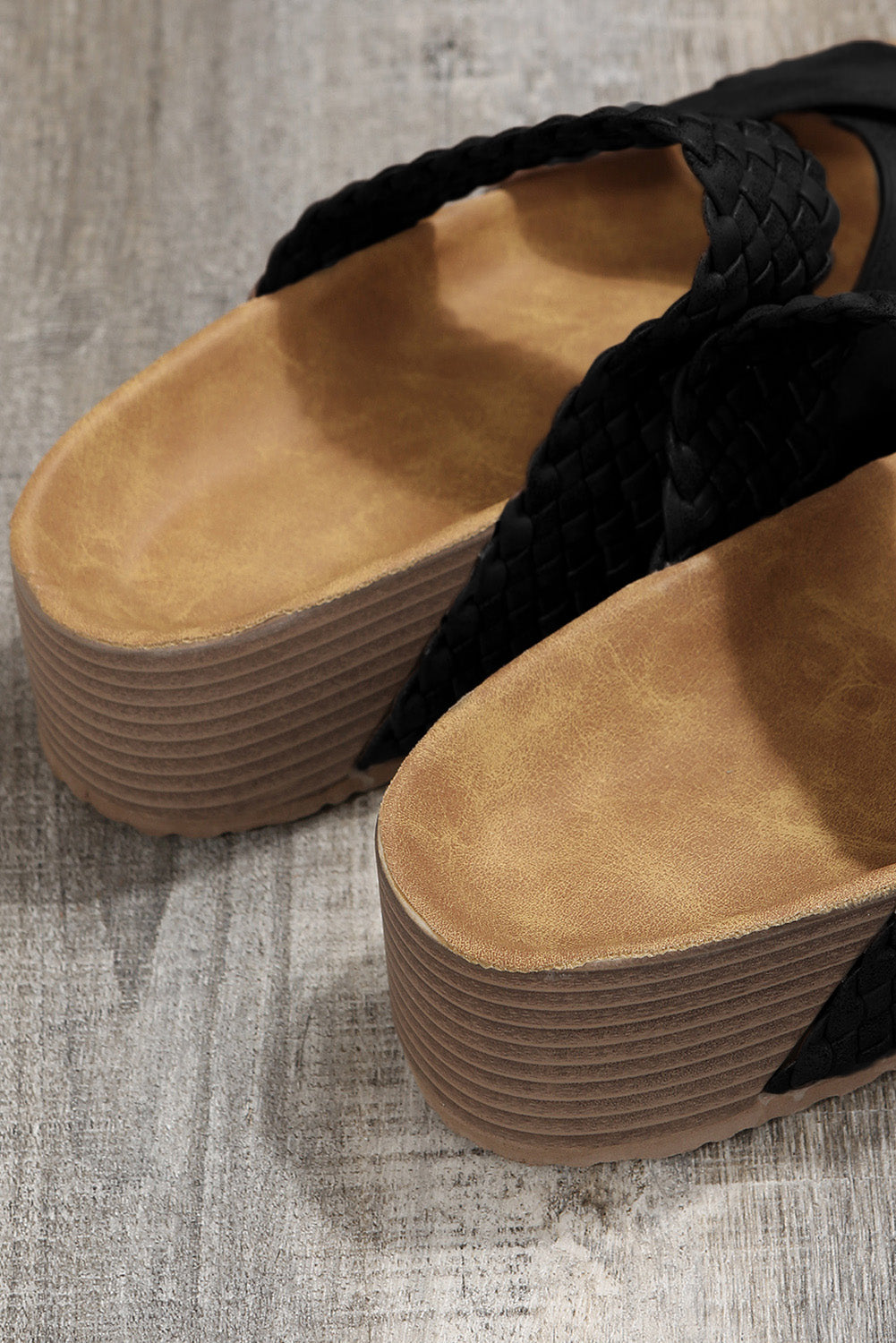 Brown Braided Detail Criss Cross Platform Slippers