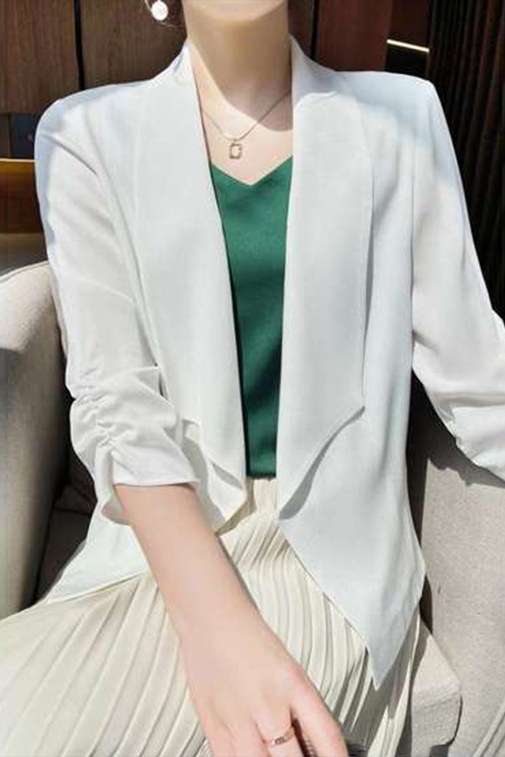 Apricot Solid Lapel Collar Satin Blazer