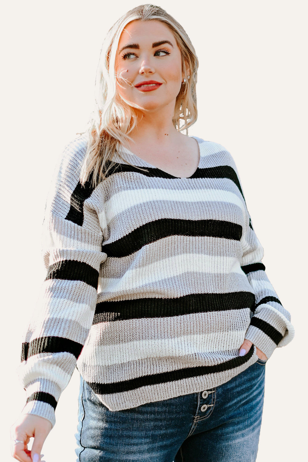 Striped Color Block Cut Out Back Plus Size Sweater