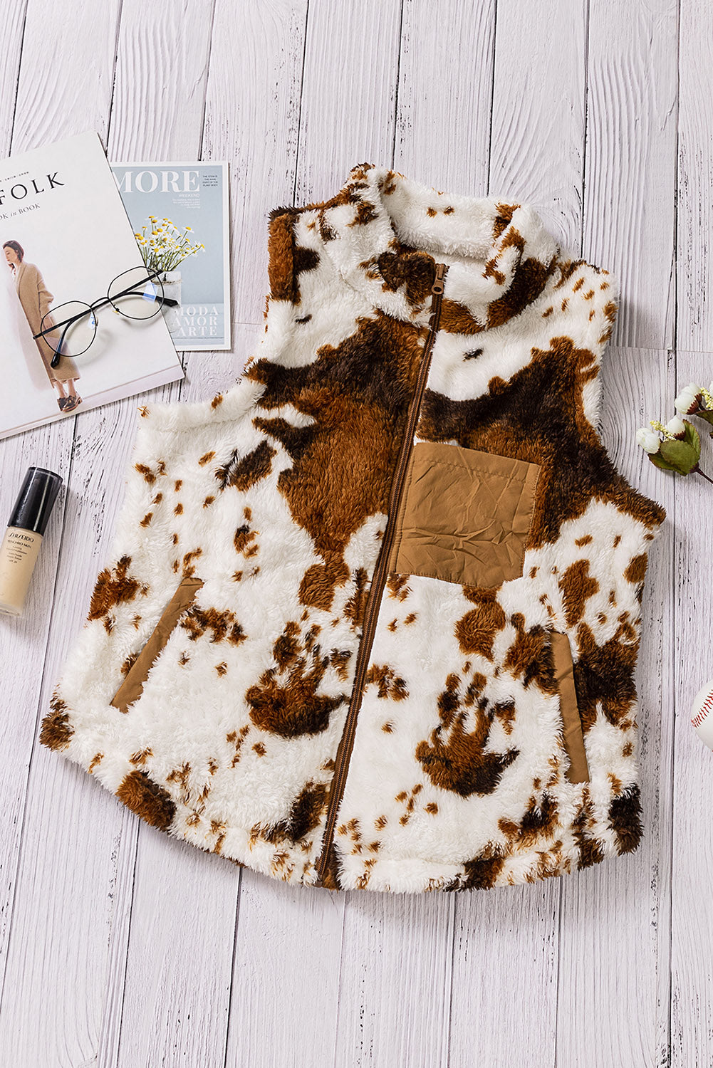 Cow Pocket Zipper Plush Warm Sleeveless Vest Coat