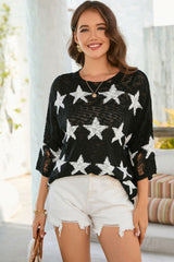 Black Star Print Half Sleeve Distressed Knit Top