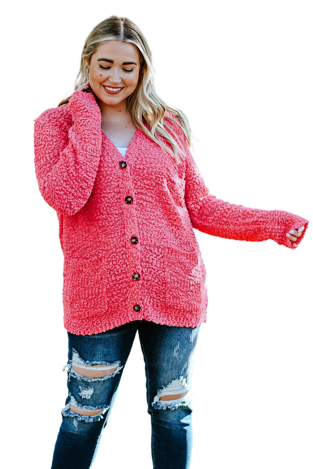 Red Plus Size Popcorn Buttons Cardigan