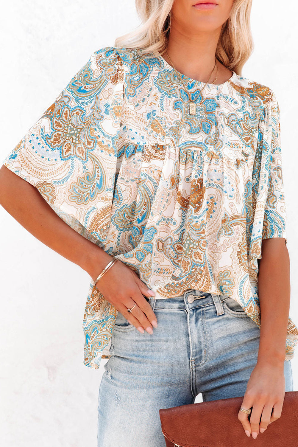 Multicolor Paisley Print Wide Sleeves Loose Blouse