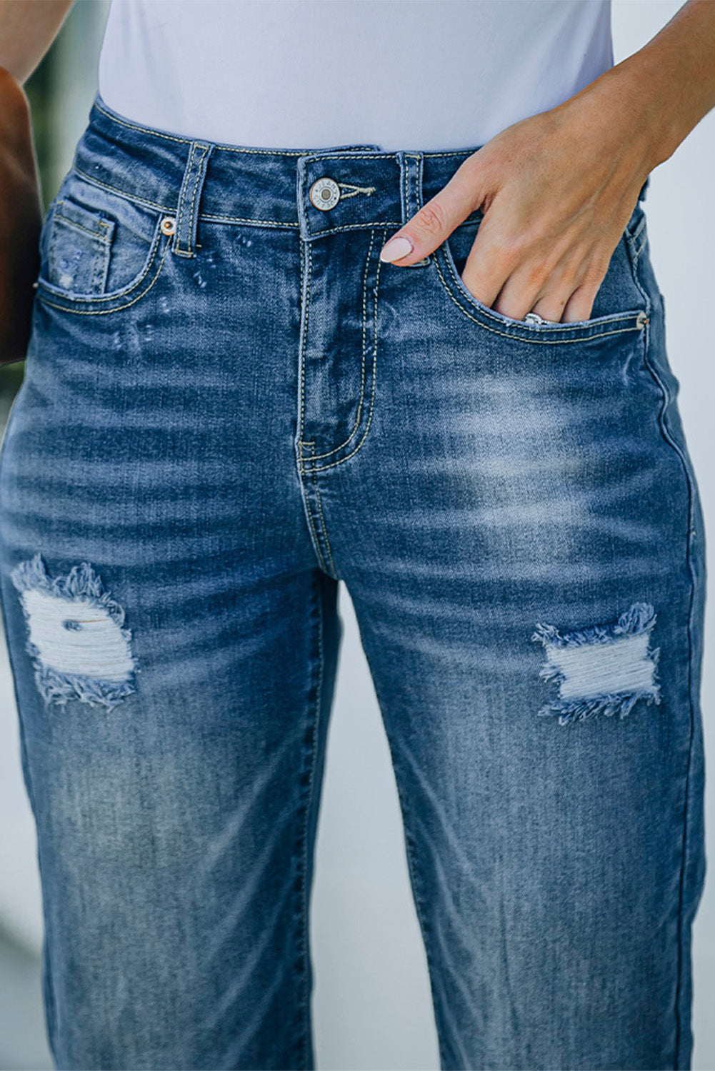 Blue High Rise Washed Distressed Flare Jeans