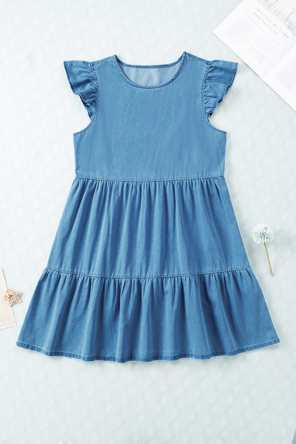 Sky Blue Crew Neck Flutter Tiered A-line Chambray Dress