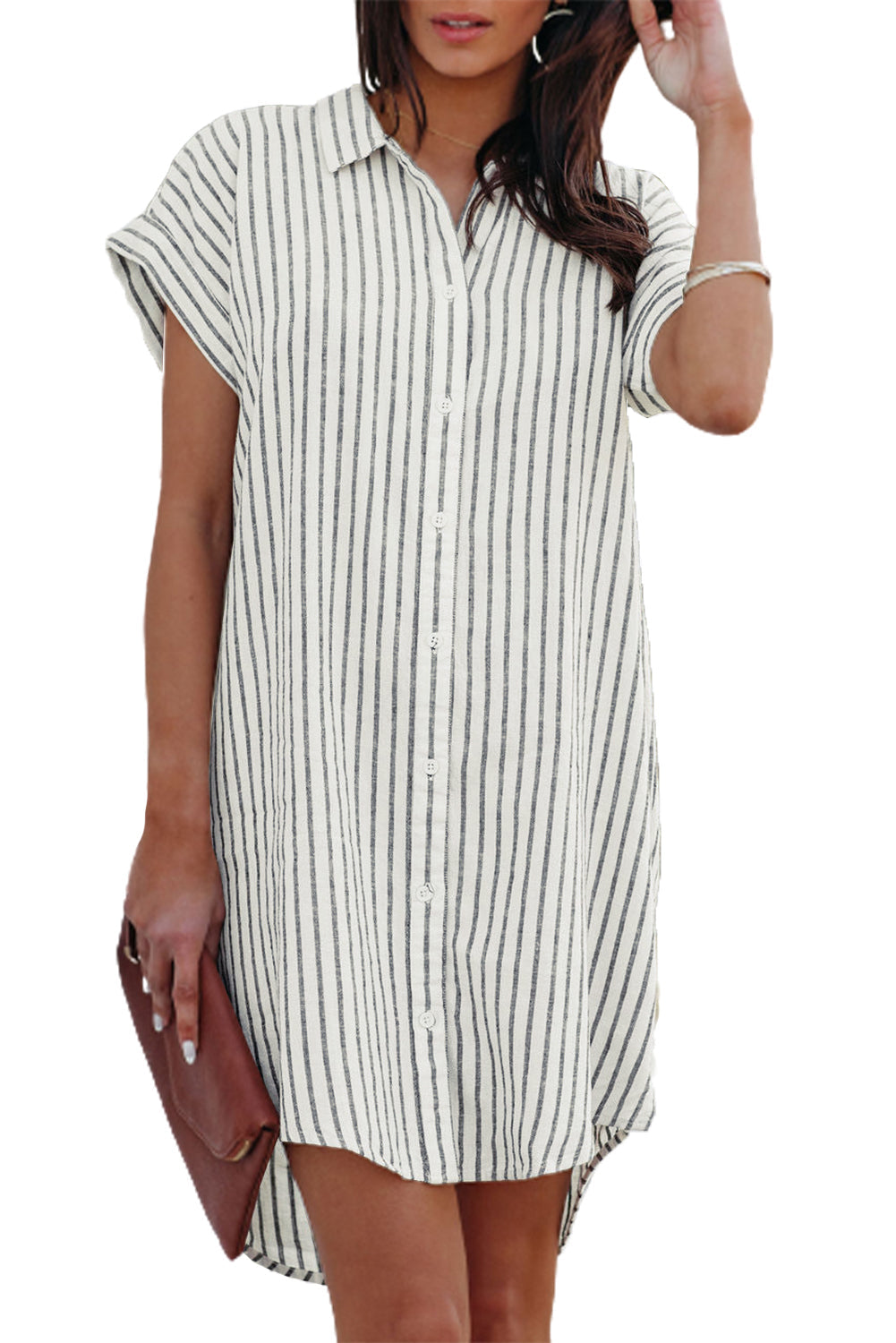 Gray Short Sleeves Striped Shirt Dress