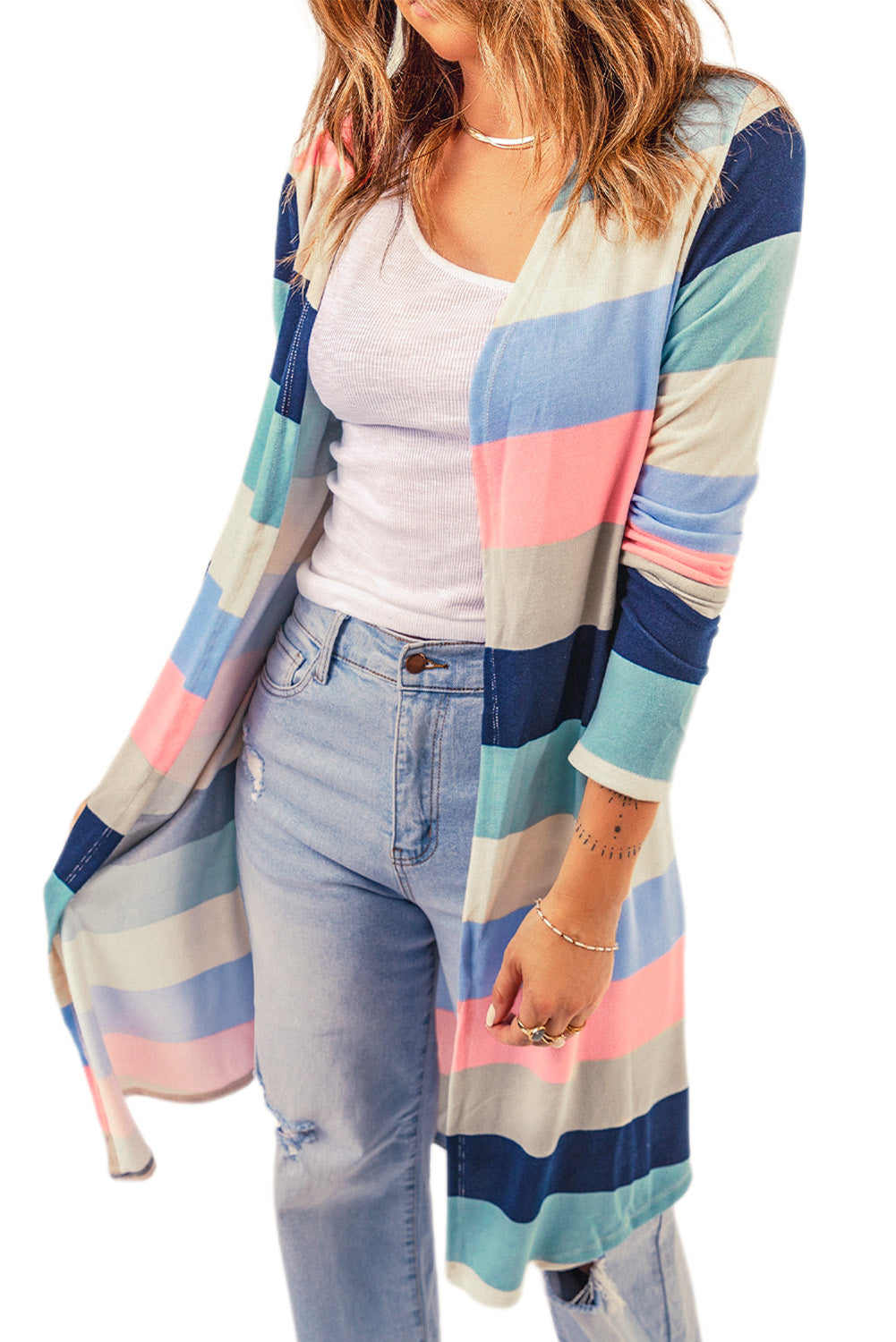 Multicolor Print Colorblock Long Cardigan