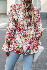 White Floral Printed Ruffle Trim Long Sleeve Blouse