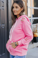 Pink Solid Ripped Hooded Sweatshirt with Kangaroo Pocket