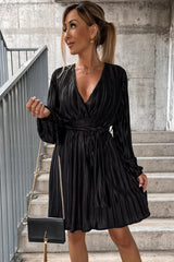 Black Surplice V Neck Pleated Midi Dress with Belt