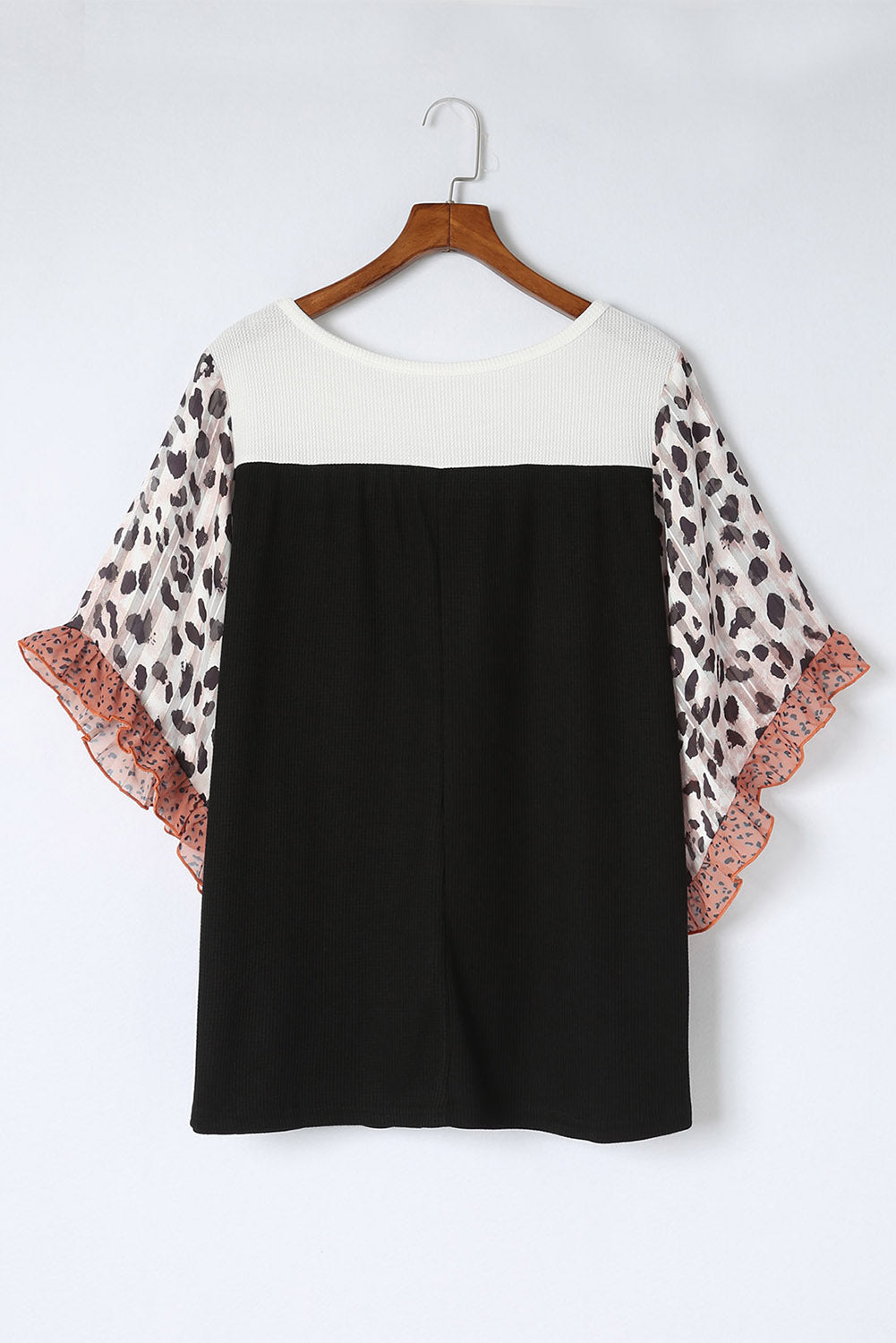 Khaki Waffle Knit Animal Print Ruffle Sleeves Plus Size Top