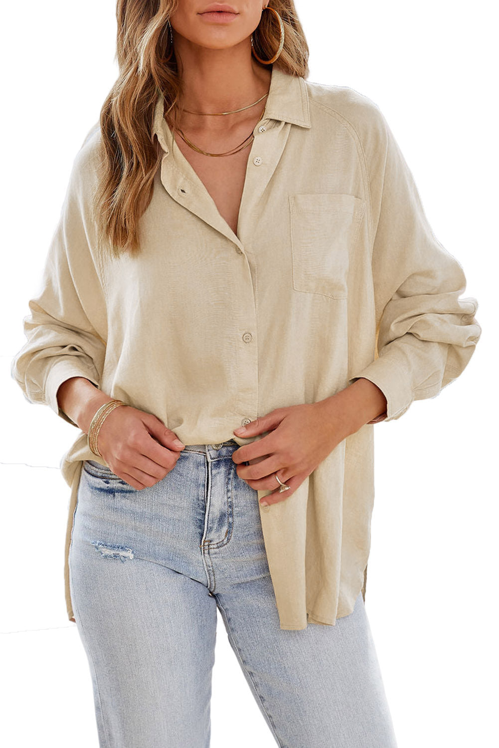 Apricot Solid Buttoned Chest Pocket High Low Loose Shirt