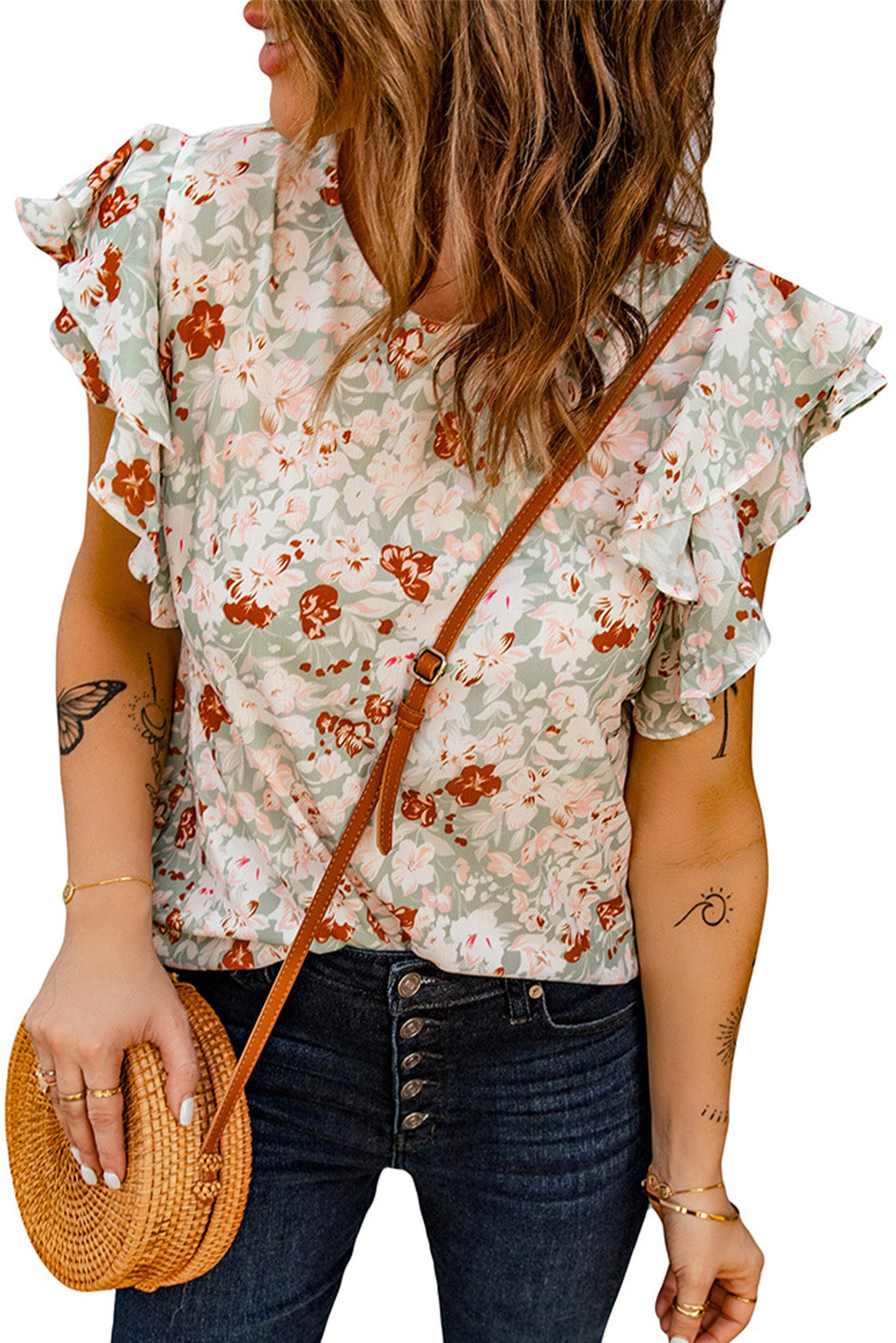 Green Floral Ruffle Short Sleeve Tee