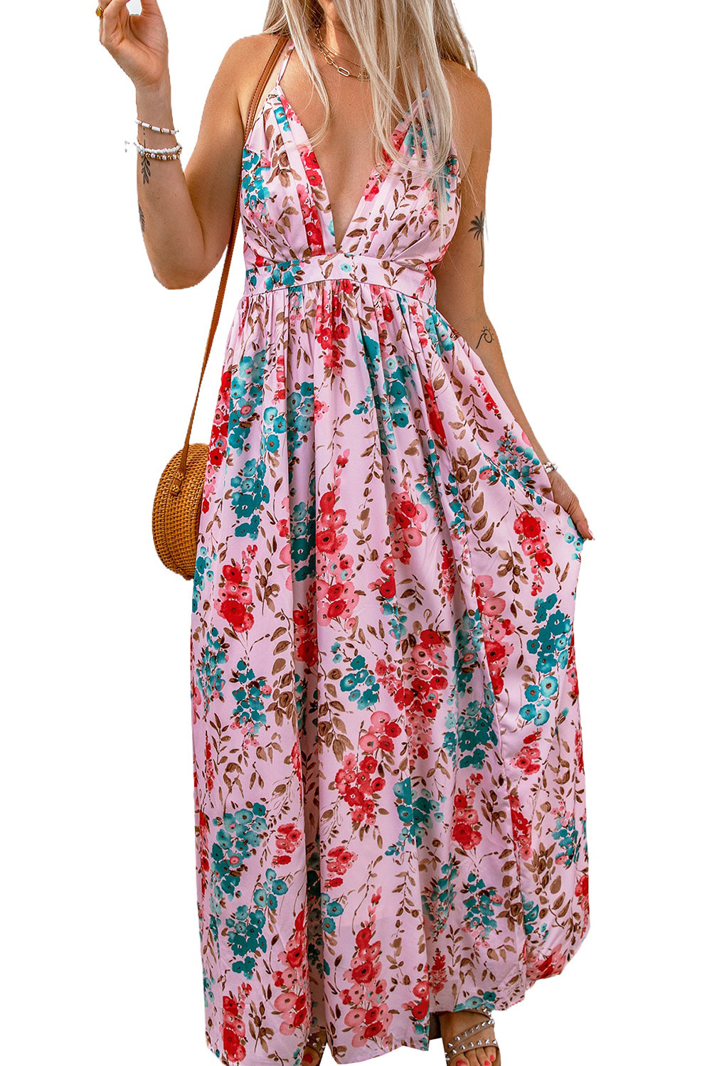 Pink Printed Pleated V Neck Crossed Strappy Back Dress