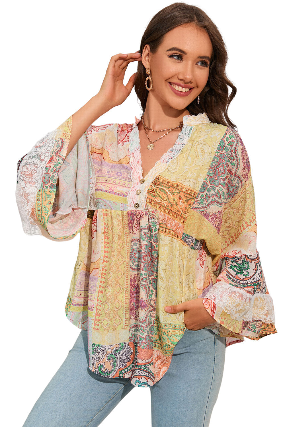 Multicolor Paisley Print Bell Sleeve Lace V-Neck Button Sheer Blouse