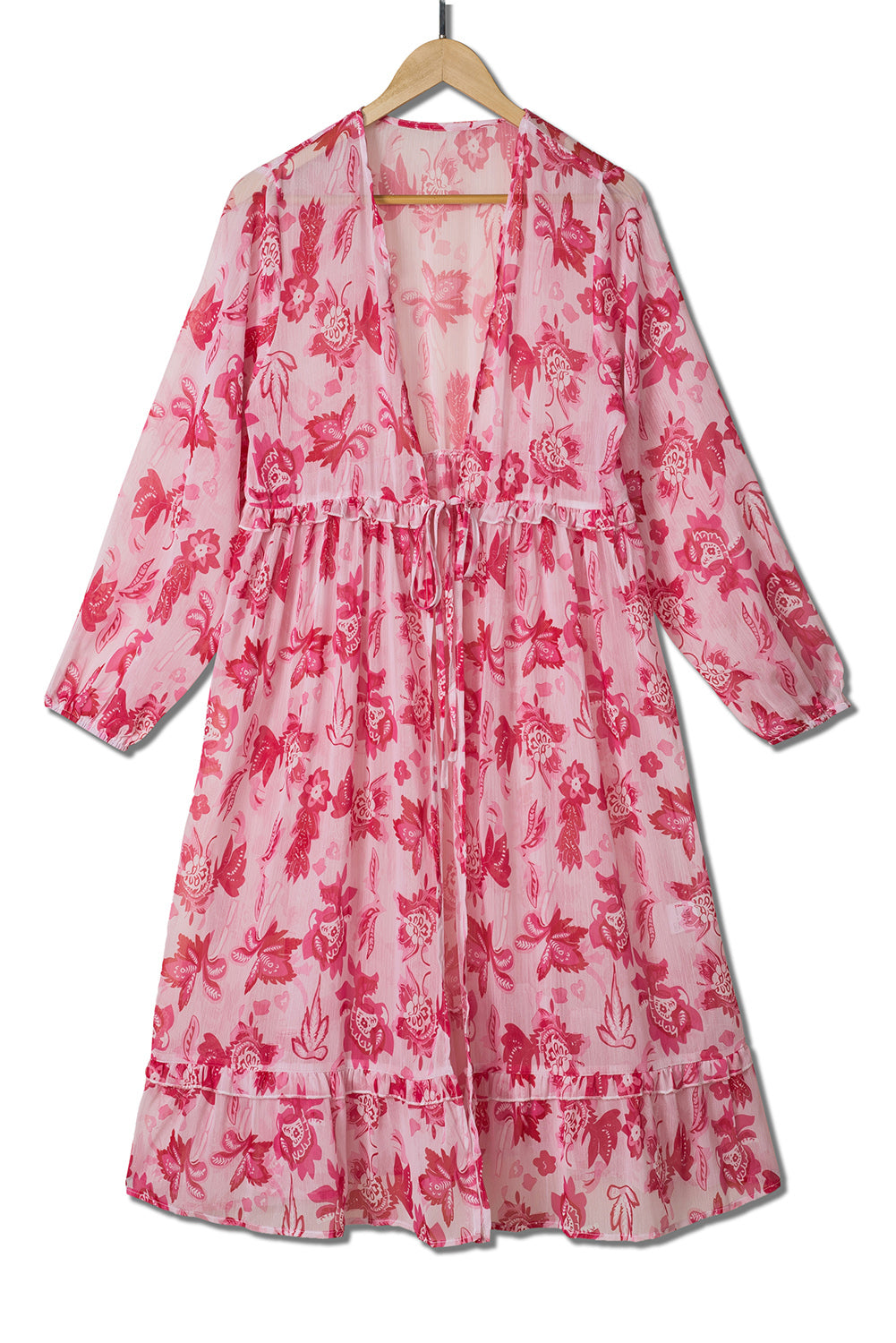 Pink Sweet Floral Print Frill Hem Puff Sleeve Cover Up