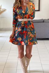 Green Abstract Print V Neck Puff Sleeve A-line Dress