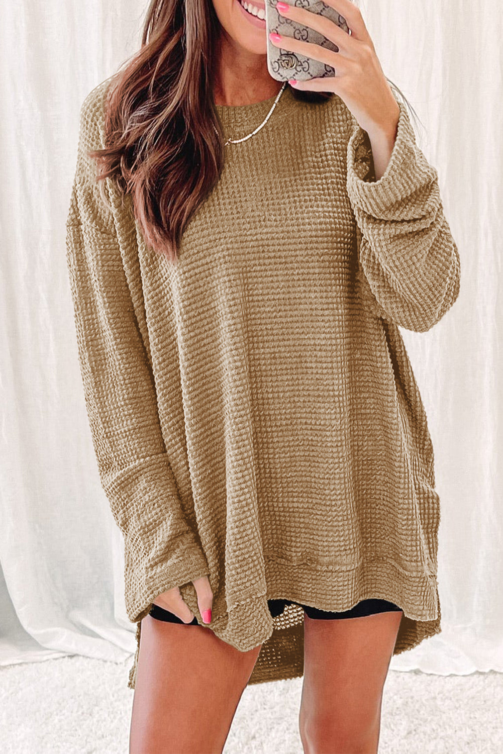 Gray Waffle Knit High Slits Oversized Top