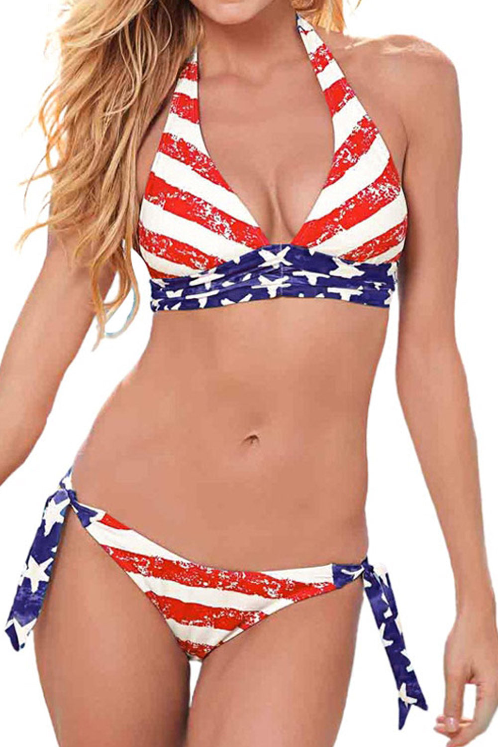 Red American Flag Print Self-tie Strap Halter V Neck Bikini