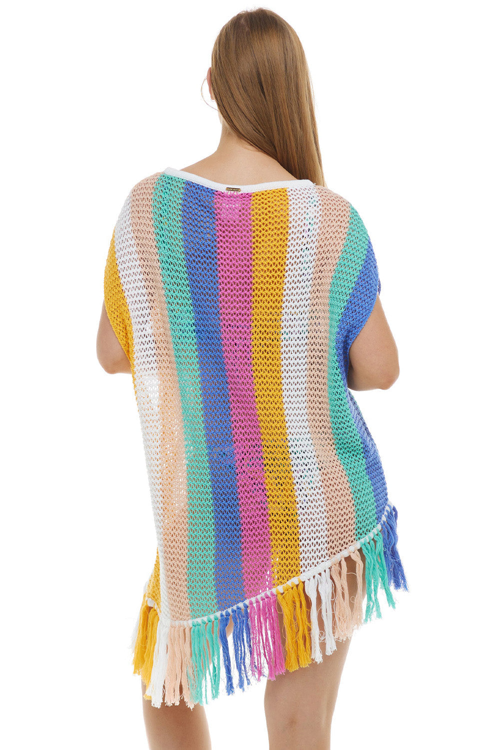 Multicolor Stripe Tasseled Crochet Beach Cover Up