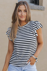 White Stripe Print Tiered Ruffled Sleeve Tee