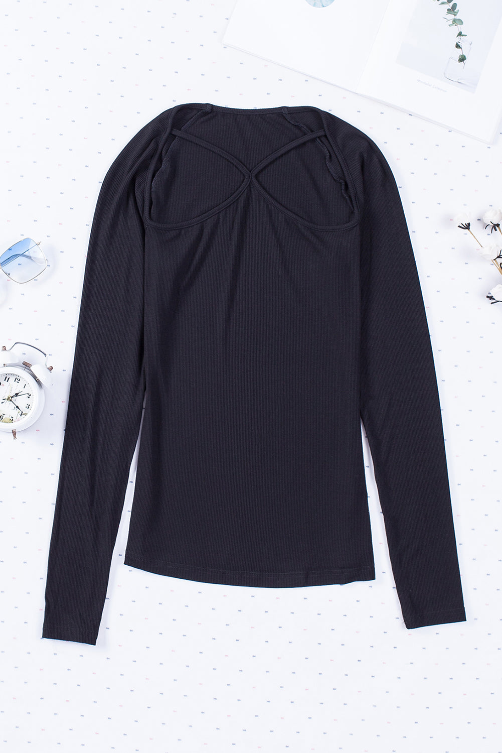 Black Strappy Hollow-out Long Sleeve Knit Top