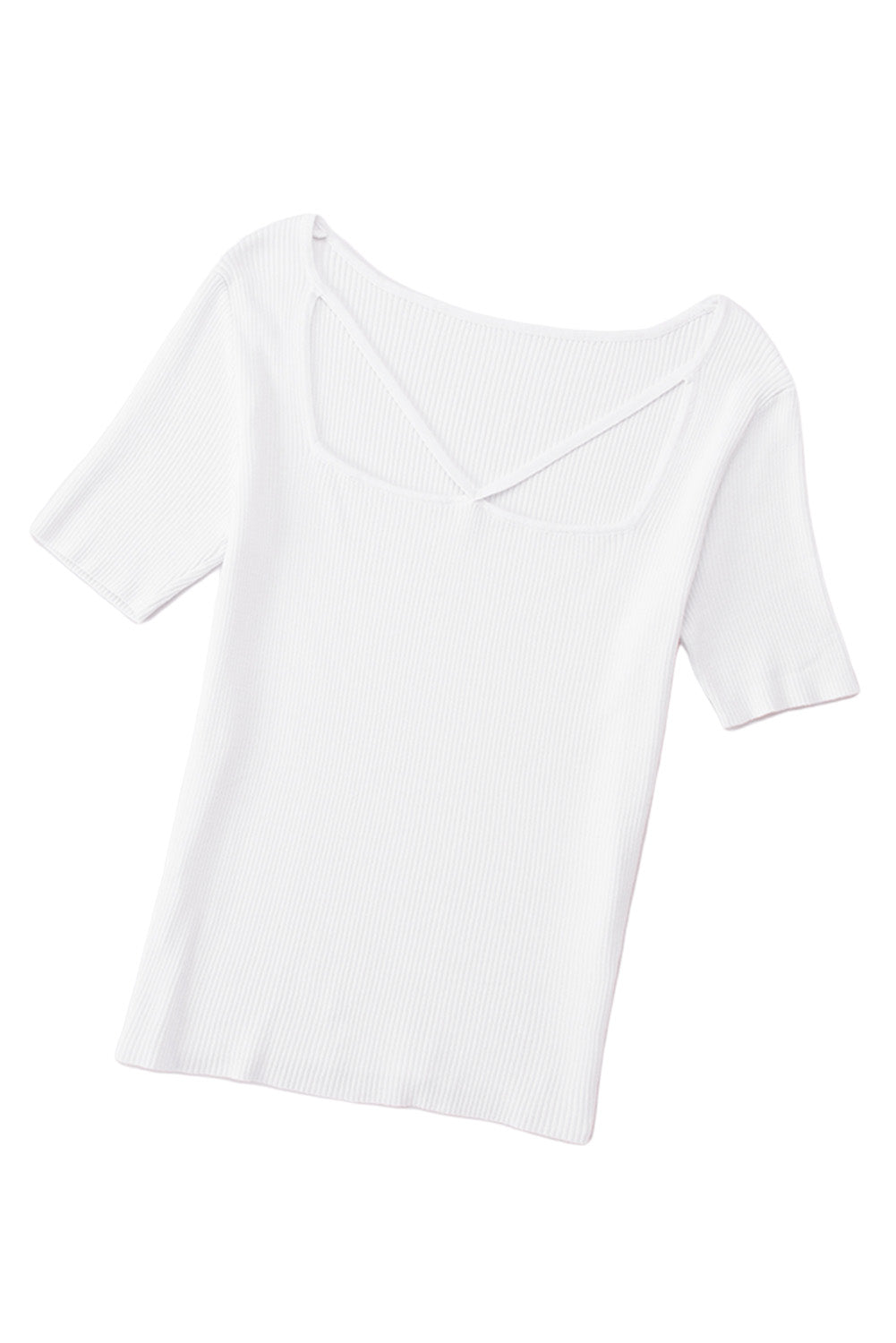 White Square Neck Cut out Ribbed Knit Short Sleeve Top