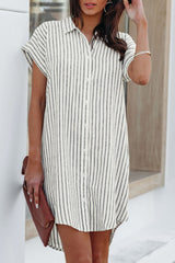 Gray Short Sleeves Striped Shirt Dress