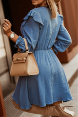 Blue V Neck Puff Sleeves Crinkled Tunic Mini Dress