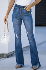 Blue Frayed Tassel Hem Elastic Waist Flared Jeans