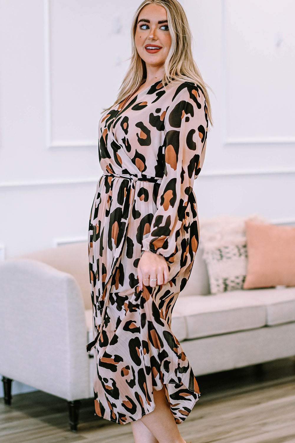 Leopard Plus Size Leopard V Neck Wrap Pleated Dress