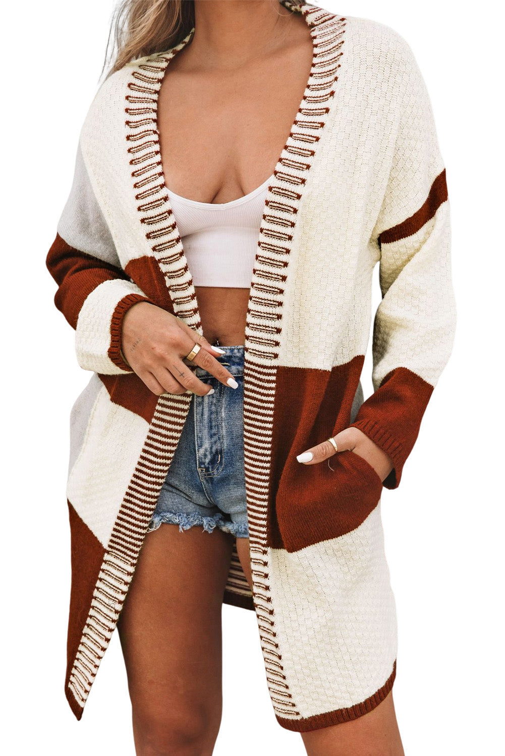Red Chunky Block Pattern Knit Open Front Cardigan