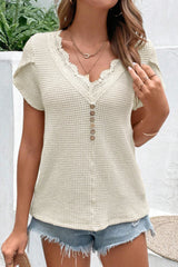 Beige Lace Splicing Waffle Knit Buttons Short Sleeve Blouse