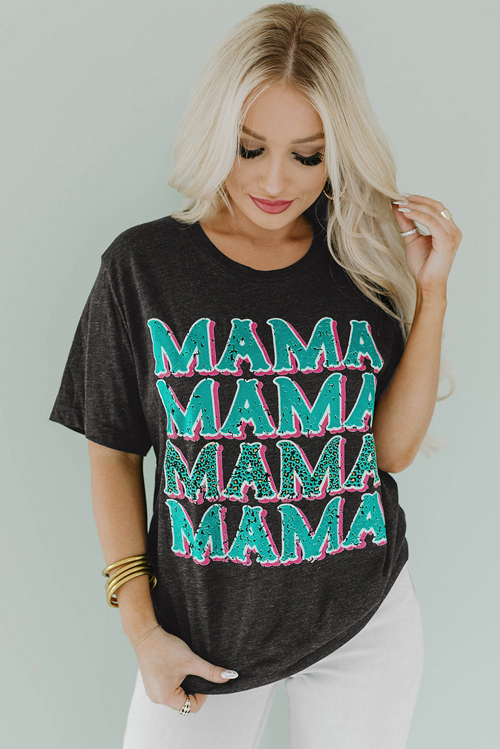 Black MAMA Letter Print Vintage Leopard Graphic T Shirt