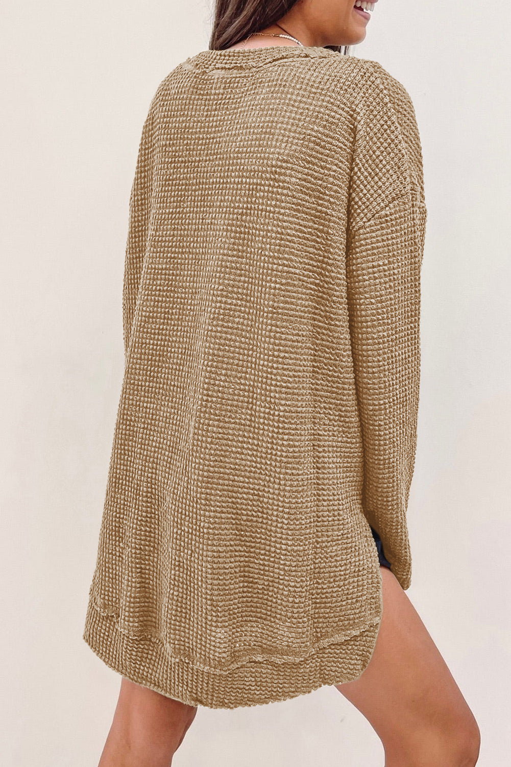 Gray Waffle Knit High Slits Oversized Top