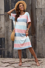 Multicolor Striped Color Block Loose Fit 3/4 Sleeve Dress