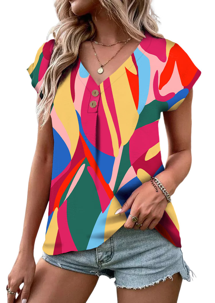 Multicolor Abstract Print Button V Neck Blouse