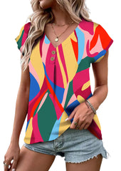 Multicolor Abstract Print Button V Neck Blouse